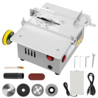 Mini Tischkreissäge mit 4 Klingen und Polierscheibe, Aluminium Duale Motorsteuerung Präzisions Table Saw für Bastelarbeiten und kleine Schnittprojekte