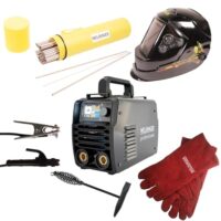 Weldinger Aktionsset EW 201 dig pro, professioneller Elektroden-Schweißinverter mit Solar-Automatik-Schweißhelm AH 300 und Schlaghammer sowie schadstoffgeprüften Handschuhen für MMA-Elektrodenschweißen