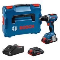 Bosch Professional 18V System Akku-Bohrschrauber GSR 18V-65 mit bürstenlosem Motor und zwei Akkus ProCORE18V 4.0Ah auf weißem Hintergrund