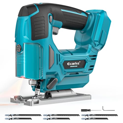 Ecarke 850W Akku-Stichsäge mit Laser, kompatibel mit Makita 18V, 3000 U/min, 0–45° Gehrung, 3 Pendelhub-Stufen, stufenlos regelbar, inkl. 6 Sägeblätter für Holz, Metall & Kunststoff (ohne Akku)
