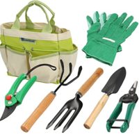 Gartenwerkzeug-Set mit Aufbewahrungstasche, 7 Teile, Blumenschere, Schaufel, Harke, Handgrubber und Handschuhe für Gartenarbeit