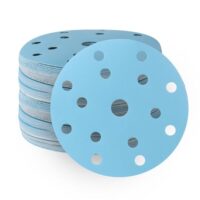 Schleifpapier 150mm mit Klettverschluss, blauer Farbton, 15 Löcher, geeignet für Metall und Holzoberflächen