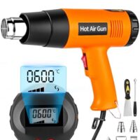 Heißluftpistole mit Temperaturstufen von 60 bis 600 Grad Celsius und zwei einstellbaren Heißluftfönen für verschiedene Anwendungen wie Schrumpfen, Entlacken und Löten.