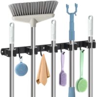 Multifunktionaler Besenhalter aus Edelstahl mit 5 rutschfesten Haltern und 4 Haken für Werkzeuge und Utensilien in Garage, Garten oder Werkstatt