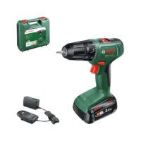 Bosch Akkuschrauber EasyDrill 18V-38 im Koffer liegend, mit zwei Akkus und Ladestecker auf weißem Hintergrund.
