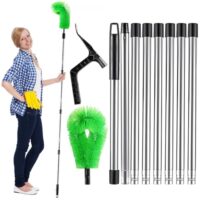 Ein Teleskop-Dachrinnenreiniger mit 8 Edelstahl-Stielen, einer Bürste und einer Schaufel für die Reinigung von Dachrinnen, Fenstern und Oberlichtern.