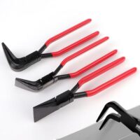 Ein Set aus drei Falzzangen in verschiedenen Farben auf einem weißen Hintergrund. Die Griffe der Zangen sind rutschfest und die Länge beträgt 280 mm.