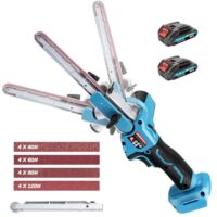 Akku-Bandschleifer mit zwei 2000mAh-Akkus, bürstenloser Motor und Schleifarmen 9 mm und 13 mm inkl. 16 Schleifbändern für verschiedene Materialien wie Holz und Metall.