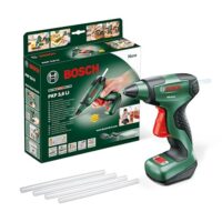 Bosch Akku Klebepistole PKP 3,6 LI mit Micro-USB Ladegerät und vier Klebestiften für verschiedene Anwendungen.