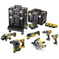 Ergänztes Akku-Werkzeugset von DEWALT mit XR 18V kohlebrennstofffreiem Motor und verschiedenen Werkzeugen wie Schlagbohrmaschine, Schlagschrauber, Multitool und Kreissäge.