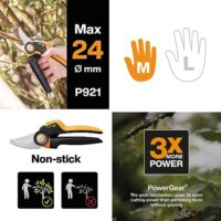 Bypass Gartenschere M von Fiskars, X-Series PowerGear P921, mit Rollgriff, für frische Äste und Zweige, Antihaftbeschichtet, Edelstahl-Klingen, Länge 20,1 cm, Schwarz/Orange