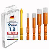 Diamantbohrer Set für verschiedene Materialien wie Fliesen, Glas, Keramik, Porzellan, Granit und Feinsteinzeug. Enthält vier verschiedene Größen: 6mm, 8mm, 10mm und 12mm.