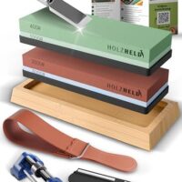 Professioneller Schleifstein für das Säubern und Schärfen von Werkzeugen, Messern und Stechbeiteln mit verschiedenen Körnungen und einer Lederabziehhilfe