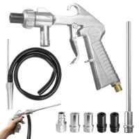 Ergänztes Sandstrahlpistolen-Set mit drucklufterfunden Metall- und Keramikdüsen, ideal für die Bearbeitung von Holz, Metall, Glas und Stein sowie die Reinigung von Maschinenteilen.