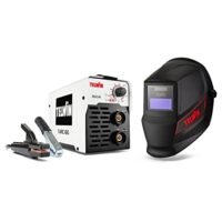 Ein Telwin T-Arc 160 Elektroden-Schweißgerät mit integrierter automatischer Verdunkelungsfunktion und einem selbstdunkelnden Schweißhelm, bereit für Heimwerksprojekte und schwierige Schweißaufgaben.