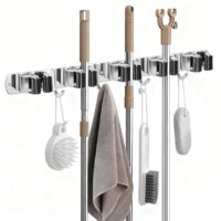 Wandhalterung für Gartengeräte und Putzmittel, Edelstahl, 5 Klemmen + 4 Haken, selbstklebend oder bohren, Organizer für Garage, Garten, Haushalt