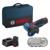 Bosch Professional 12V System Akku Winkelschleifer GWS 12V-76 inkl. 2x 2.0Ah Akku, Ladegerät und Trenn- und Schleifscheiben-Set