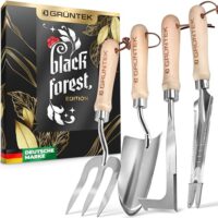 GRÜNTEK 4-TLG Gartenwerkzeug-Set, Premium Gartengeräte, besonders Stabiler Edelstahl, Rutschfester Eschenholz Griff, Garten-Kelle, Gabel, Multi-Unkrautjäter, Fugenstecher