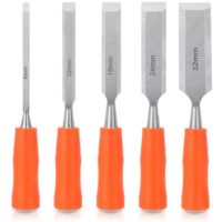 5-teiliges Stechbeitel Set für Holzbearbeitung, bestehend aus 5 verschiedenen Größen an Stemmeisen mit scharfen Klingen und ergonomischen Griffen