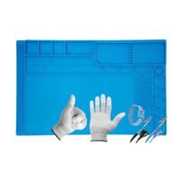 Minadax XXL Lötmatte, 55 x 35cm große Silikonmatte + Handgelenkschlaufe + Handschuhe, 500°C Hitzebeständige Reparaturmatte, Rutschfest