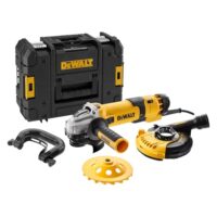 Kraftvolle Winkelschleifmaschine von DEWALT mit 125 mm Staubhaube, Bügelgriff und Diamant-Topfscheibe für anspruchsvolle Aufgaben in der Heimwerker- und Baubranche.