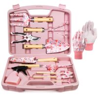 12-teiliges Gartenwerkzeug Set für Frauen, rostfreie & strapazierfähige Gartengeräte mit robustem Transportbehälter, modische & durchdachte Garten Geschenke für Frauen (Rosa)