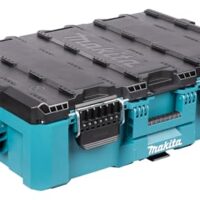 Praktische und robuste Werkzeugbox mit horizontalen Design, ideal für lange Werkzeuge und sicherer Aufbewahrung von Akkus, Ladegeräten und Zubehör.