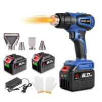 Kabellose Heißluftpistole mit LCD-Display, Temperaturregelung 50-600°C, zwei leistungsstarken Akkus und vier Düsen für präzises Arbeiten bei Basteln, Verpacken und handwerklichen Projekten.