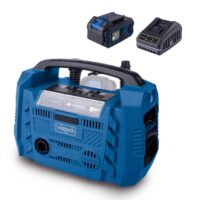 Handlicher und leistungsstarker Akku-Kompressor mit Luftleistung 21 L/min, Arbeitsdruck 10,3 bar und drei Antriebsarten (230V, 20V, 12V). Mit 4Ah-Akku und Ladegerät.