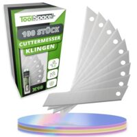 Ersatzklingen fuer Cuttermesser 18mm, hochwertige Klingen aus gehärtetem Carbonstahl, 100 Stueck in einer stabilen Kunststoffbox, ideal fuer professionelle Anwendungen und den täglichen Einsatz auf Baustellen.