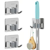 Edelstahler Besenhalter für Wand, 3 Stück, Selbstklebend, mit Anschließen, ideal für Badezimmer, Küche, Büro, Schrank und Garten.