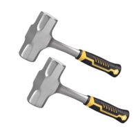 Zwei Fäustel Hämmer, ein Standardhammer mit schwarz-goldenem Griff und ein Sledge Hammer mit 2kg Gewicht und schwarz-goldenen Griff, auf einem weißen Hintergrund