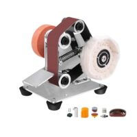 Elektrischer Bandschleifer mit 7-stufiger Verstellung, multifunktionaler Schleif- und Polierscheibe und verschiedenen Arten von Schleifbändern für verschiedene Anwendungen wie Holzbearbeitung oder Metallbearbeitung.