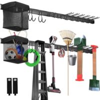 Garagen-Werkzeugorganizer mit 12 Haken, 2 Gurten & 1 Stoffkorb - Verstellbarer Metall-Hakenregal für Gartenwerkzeuge - Praktische Aufbewahrungslösung für Schuppen und Haushalt