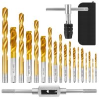 21 Stück Metrischer Bohrer und Gewindebohrer Set, Gewindeschneider Set mit 9 Gewindebohrern, 9 Spiralbohrern, 2 Schlüsseln und 1 Ledertasche für schnelles und präzises Gewindeschneiden