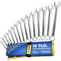 Set aus 15 hochwertigen Maulringschlüsseln, Cr-V-Industriestahl, geschmiedet, gehärtet, doppelt verchromt, mattiert, ideal für Industrie, KFZ-Bereich oder anspruchsvolle DIY-Projekte