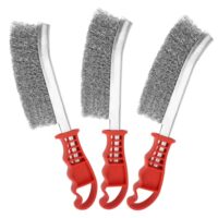 Drei Edelstahl-Drahtbürsten mit Komfortgriffen und weißen Borsten für die Reinigung von Grill und Rost, ideal für die Entfernung von Schmutz, Rost und Schleifen.