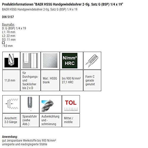 BAER HSSG Handgewindebohrer 2-tlg. Satz G (BSP) 1/4 x 19, hochwertiger und zuverlässiger Handgewindebohrer für Gewindeschneidereien, ideal zum Schneiden von Gewinden und Rohren