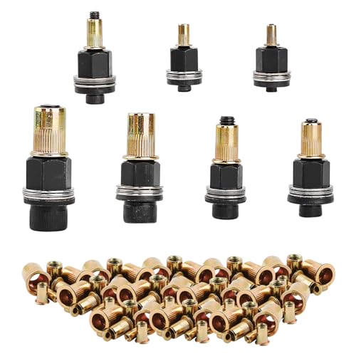 Ein Bild von 7 Stücke Nietmuttern Set, Gewindenieten für M3, M4, M5, M6, M8, M10, M12 Nietenzange, Blindnietmuttern, Einziehmuttern Handnietwerkzeug Set mit 70 Stück Muttern.