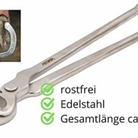 Professionelle Hufzange aus Edelstahl für Pferdepflege, ergonomische Länge und hohe Belastbarkeit.