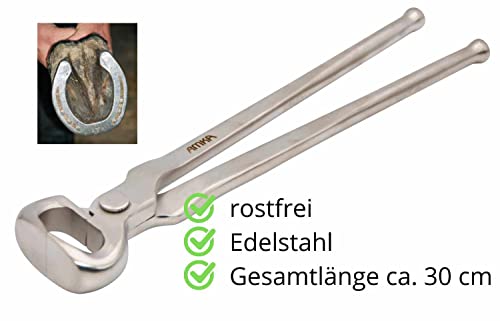 Professionelle Hufzange aus Edelstahl für Pferdepflege, ergonomische Länge und hohe Belastbarkeit.