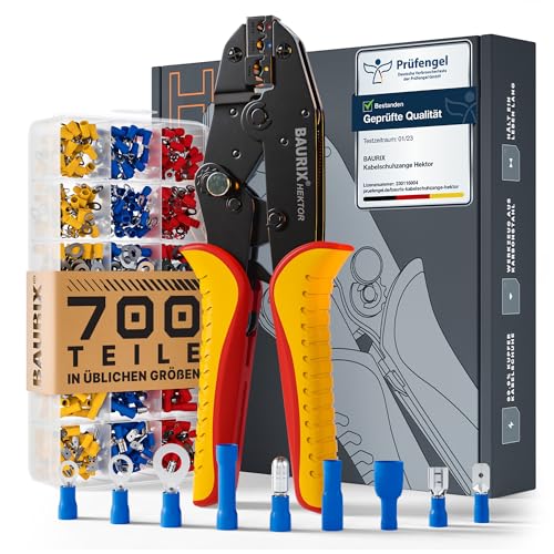 Baurix Crimpzange mit 700 Kabelschuhen Set - Werkzeug für Elektriker, Crimpzange mit anpassbarer Presskraft und verschiedenen Größen