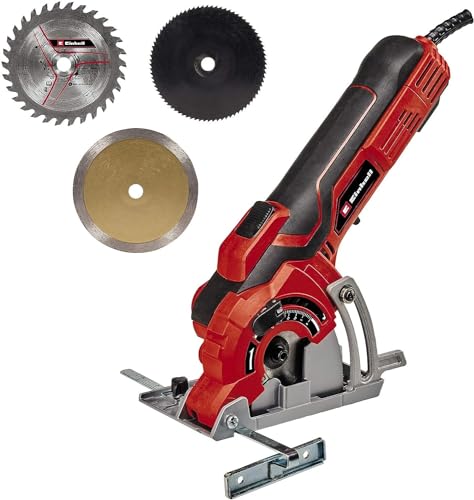 Bild einer Mini Handkreissäge von Einhell mit 600 Watt, einfacher werkzeuglose Einstellung der Schnitttiefe bis 27 mm und Spindelarretierung.