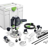 Festool Oberfräse OF 1400 EBQ-Plus mit Spanfänger, Spannzangen, Seitenanschlag mit Feineinstellung, Kopierring, Absaughaube oben, Gabelschlüssel - hochwertiges und vielseitiges Werkzeug für perfekte Fräsarbeiten