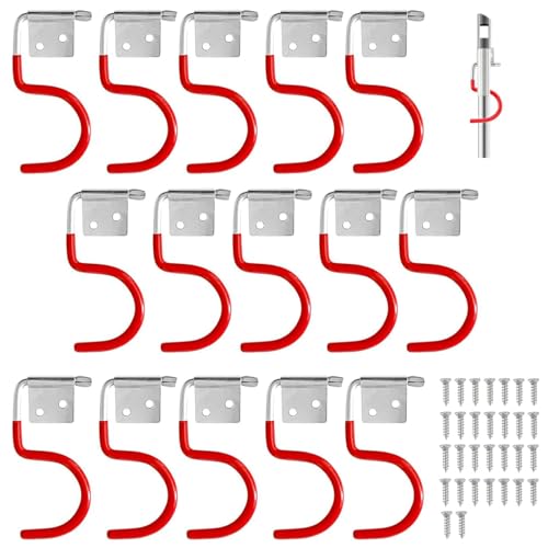 Metallhaken für Gartengeräte, 15 Stück Gerätehalter rot, Werkzeughalter mit schrauben, ideal für Garagen, Geräteschuppen, Keller und Abstellräume