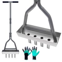 Rasenlüfter mit 4 Zinken für anspruchsvolle Böden, Rasenbelüfter Spike Metall mit Ablageschale und Gartengeräten