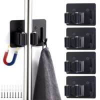 Magnetischer Wandhalterung Besen Gerätehalter mit Haken für Garten, Keller & Haushalt - Schwarz