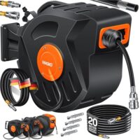 MASKO Automatik Druckluftschlauch Aufroller 20m - Schlauchtrommel mit 1/4" Anschluss, Schlauchaufroller, Wandhalterung, Tragegriff, 180° schwenkbar, Schlauchbremse, vormontiert & sofort einsatzbereit