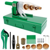 Hochwertiges Muffenschweißgerät 2000W mit Digitalanzeige und sechs Formköpfen für stabile und lange Rohrverbindungen in verschiedenen Durchmessern.