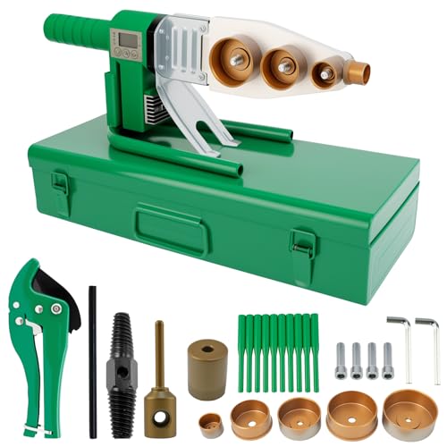 Hochwertiges Muffenschweißgerät 2000W mit Digitalanzeige und sechs Formköpfen für stabile und lange Rohrverbindungen in verschiedenen Durchmessern.